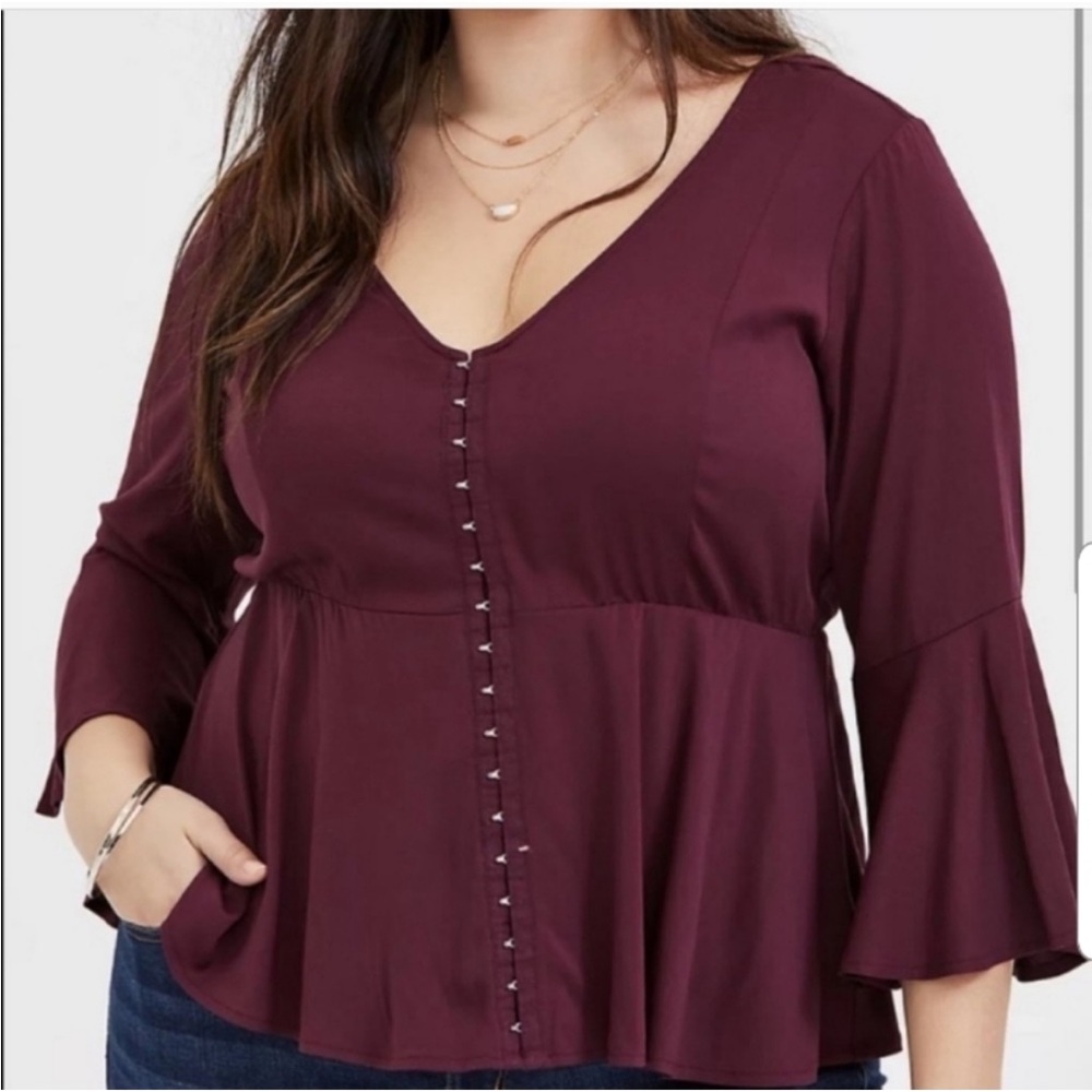 Torrid Burgundy V-Neck Blouse with Bell Sleeves Size 00